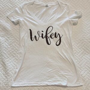 Next Level Apparel White V-Neck Tee with 'Wifey' Script